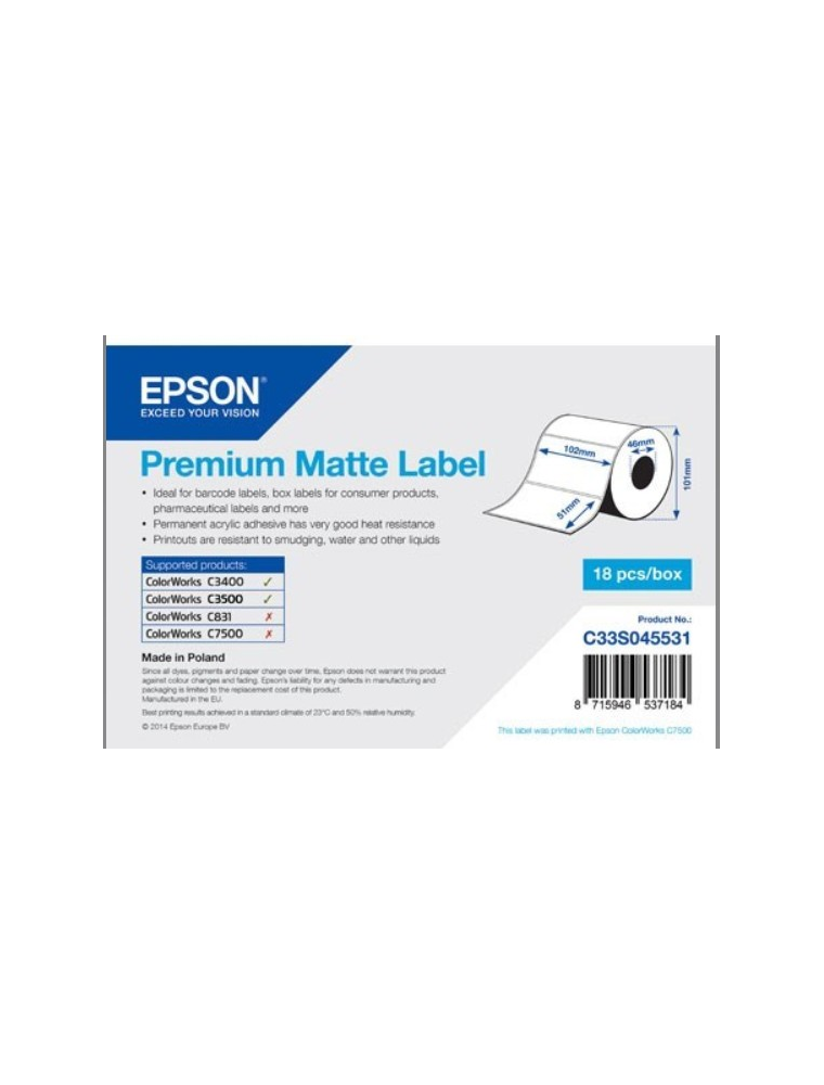 ROLL OF LABELS EPSON PREMIUM MATTE 102X51MM 650 ET