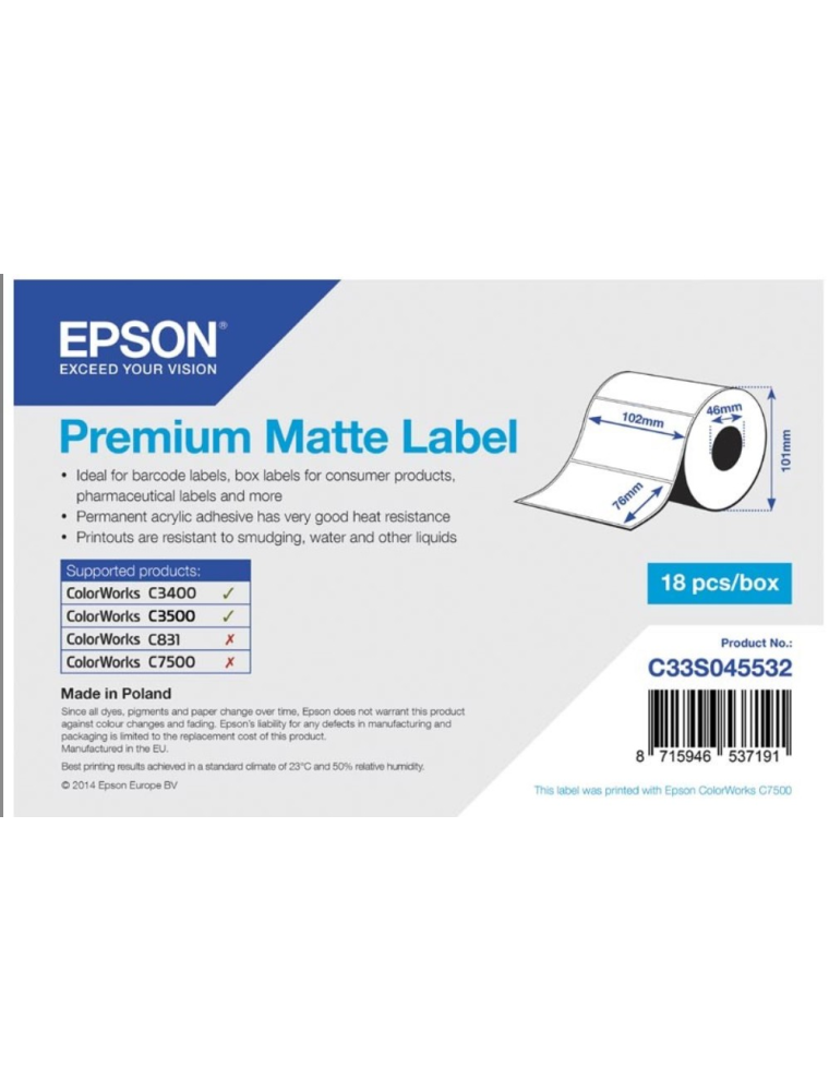 ROLL OF LABELS EPSON PREMIUM MATTE 102X76MM 440 LABELS