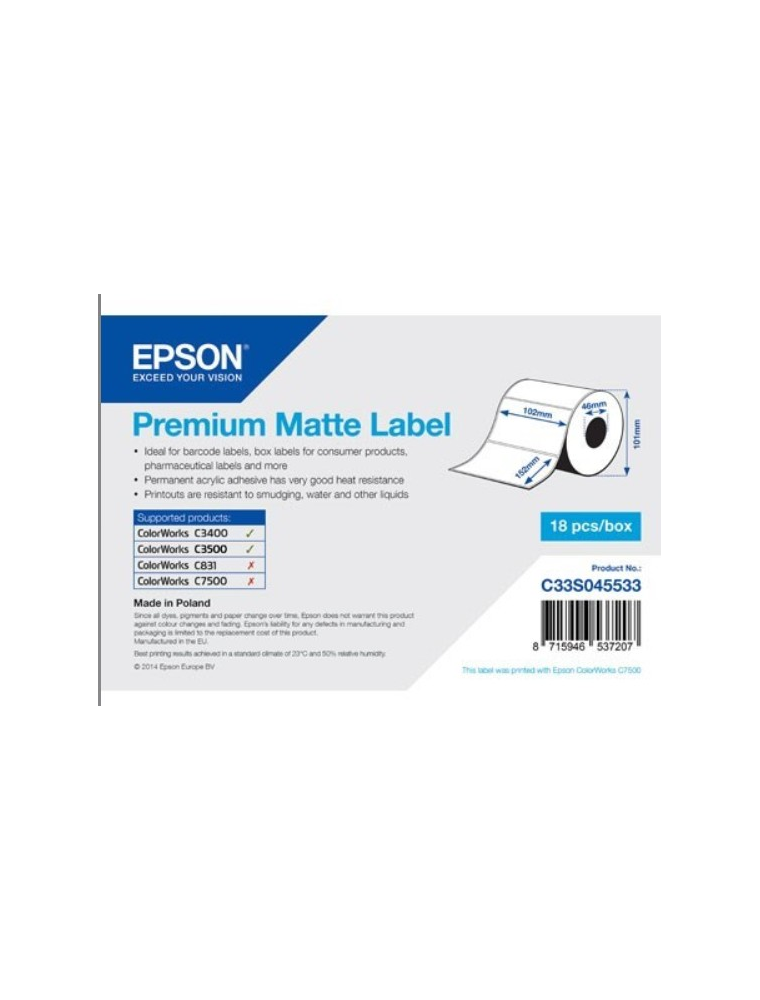 ROLL OF LABELS EPSON PREMIUM MATTE 102 MMX152MM 225 LABELS