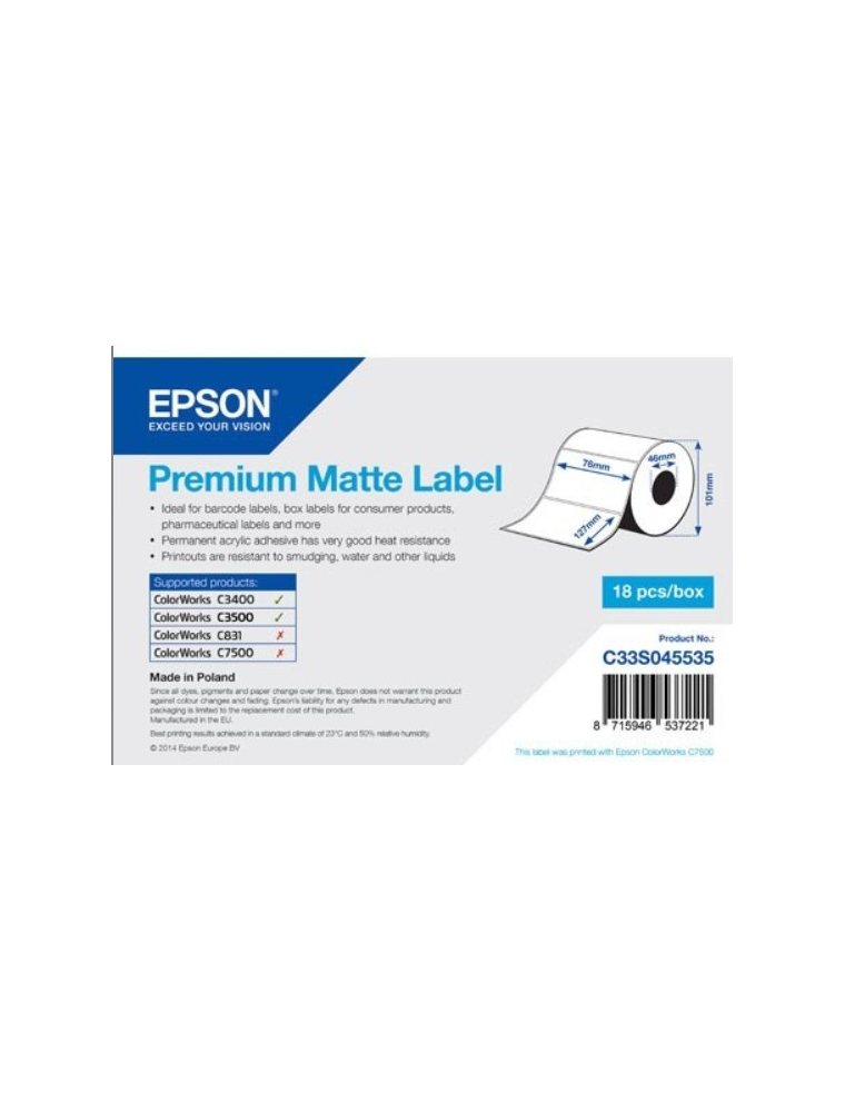 ROLL OF LABELS EPSON PREMIUM MATTE 76X127MM 265 LABELS