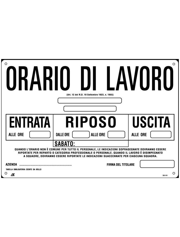 CARTELLO ORARIO DI LAVORO 30x20 cm