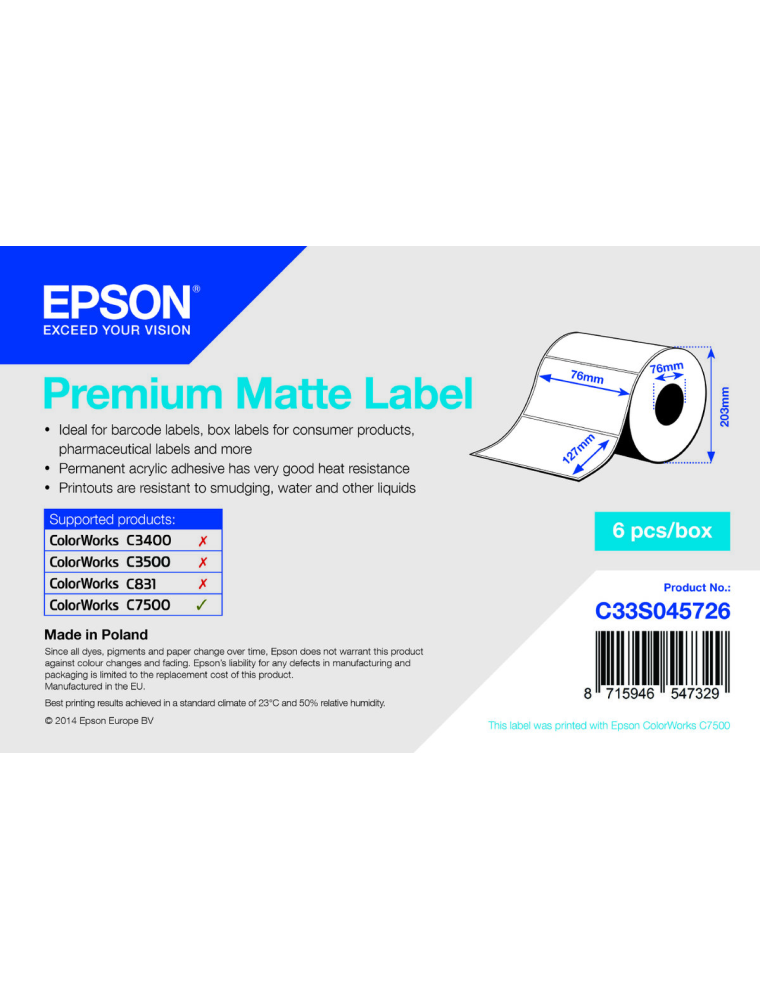 EPSON PREMIUM PAPER ADHESIVE ROLL 6 PCS -  76MMX127MM