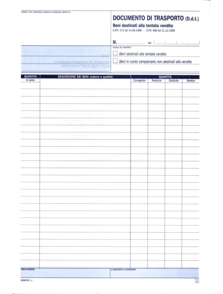 DOCUMENTO DI TRASPORTO TENTATA VENDITA A4 DATA UFFICIO