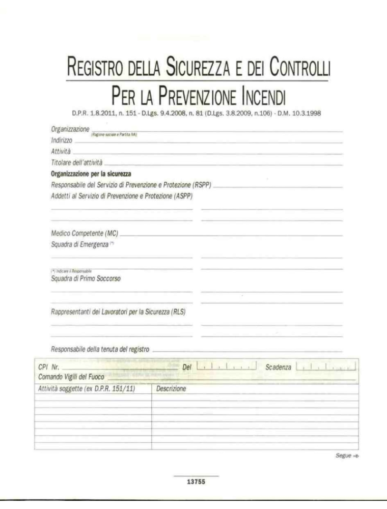 REGISTRO PREVENZIONE INCENDI DATA UFFICIO - 5PZ