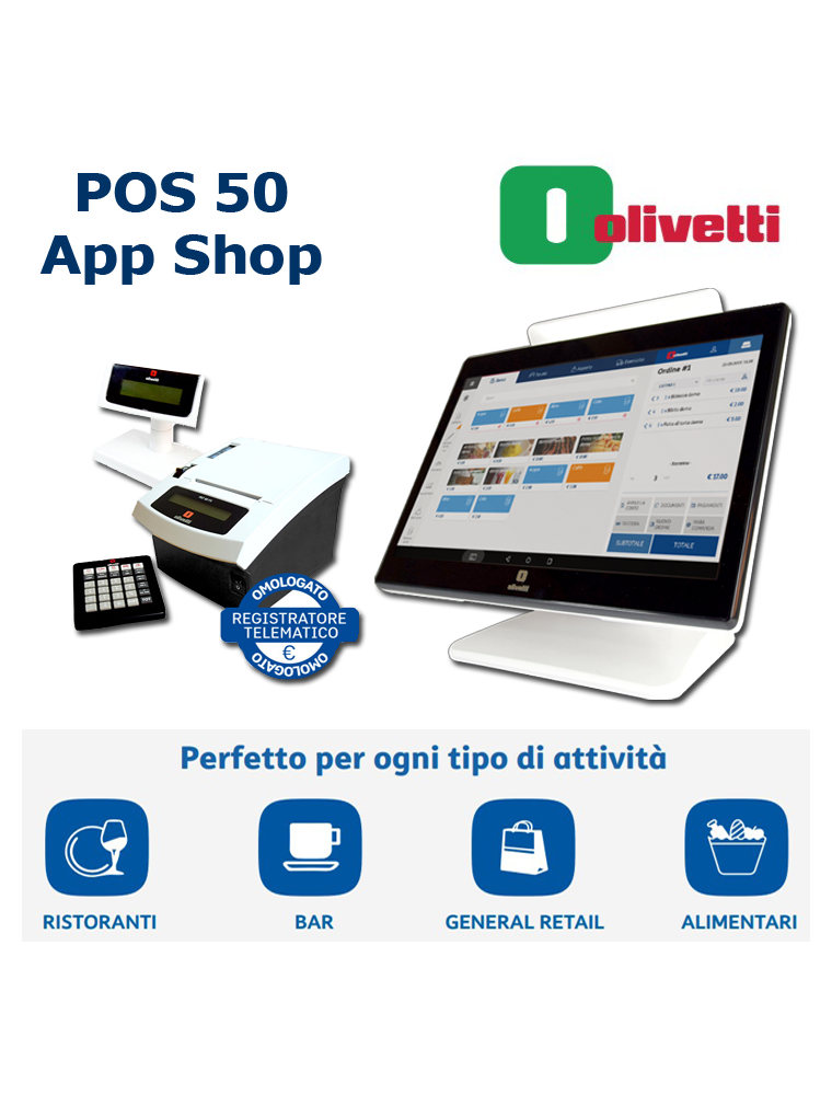 OLIVETTI POS ANDROID CON APP MYSHOP + STAMPANTE FISCALE PRT80 RT
