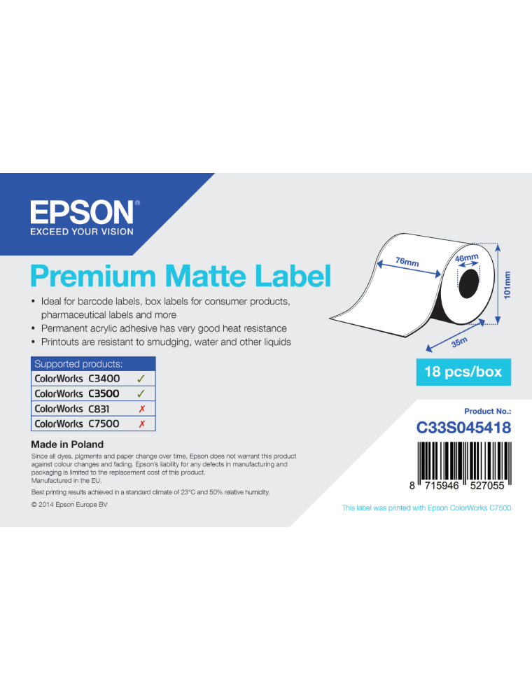 ROLL OF ADHESIVE PAPER EPSON PREMIUM MATTE 76MMX25M